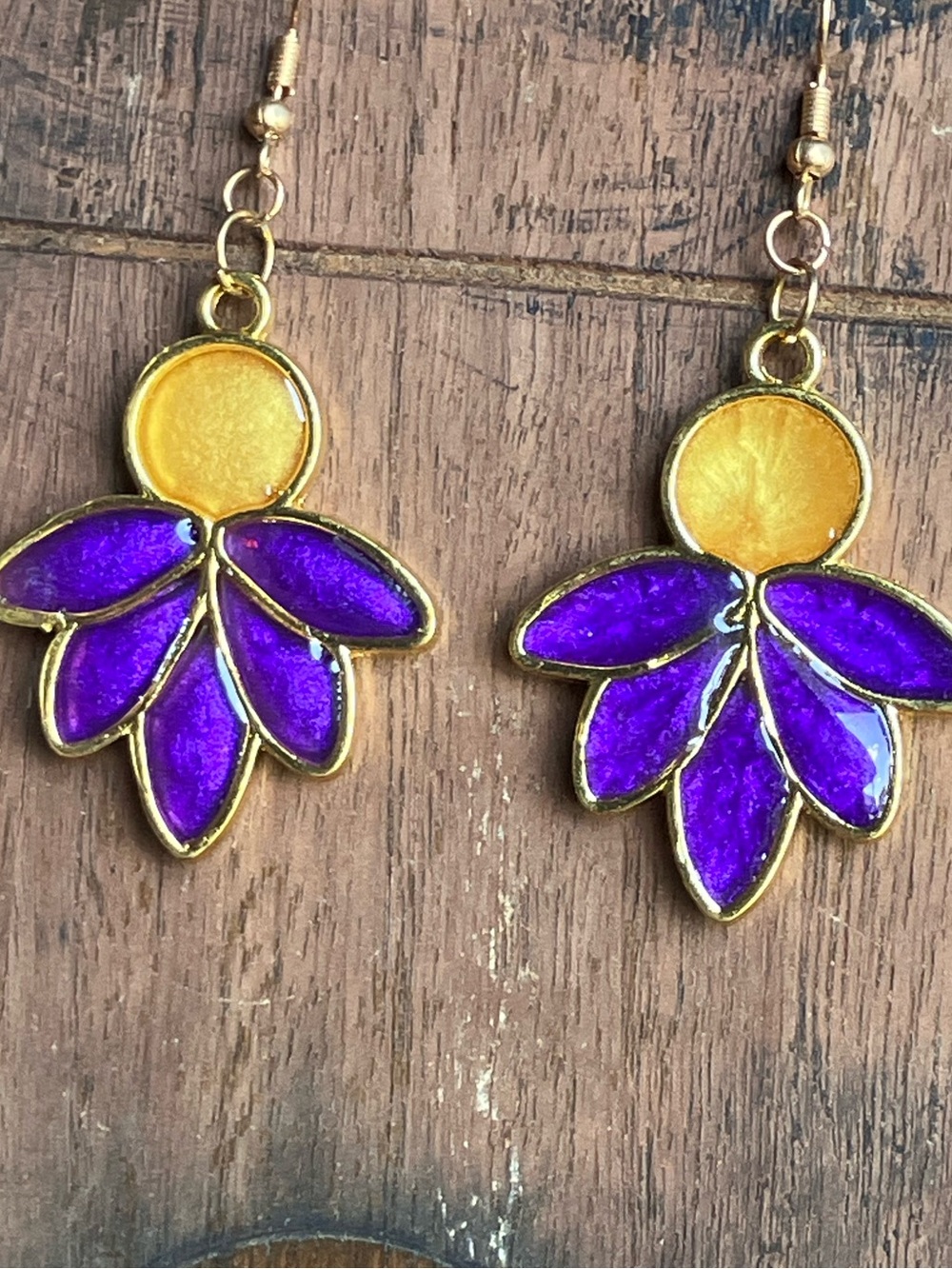 Purple and yellow/Gold Moon and lotus flower dangle earrings - Picture 6 of 6
